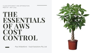 CLOUD EFFICIENCY AND OPTIMISATION
MEETUP - MAY 2019
THE
ESSENTIALS
OF AWS
COST
CONTROL
Paul Wakeford - Vault Solutions Pty Ltd
 