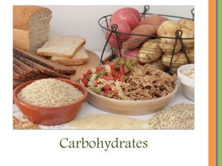 Carbohydrates means
hydrated carbons; examples
are glucose (C6 H12O6) and
ribose (C5H10O5). They
provide an easy and ready to
use source of food.
 
