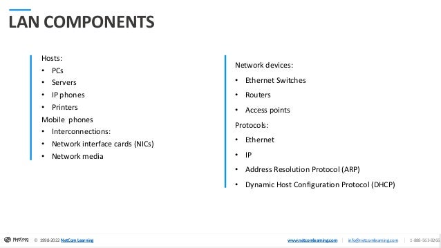 © 1998-2020 NetCom Learning www.netcomlearning.com info@netcomlearning.com 1-888-563-8266
|
|
© 1998-2022 NetCom Learning www.netcomlearning.com info@netcomlearning.com 1-888-563-8266
|
|
1998-2022 NetCom Learning www.netcomlearning.com
© 1998-2022 NetCom Learning www.netcomlearning.com info@netcomlearning.com 1-888-563-8266
|
|
LAN COMPONENTS
Hosts:
• PCs
• Servers
• IP phones
• Printers
Mobile phones
• Interconnections:
• Network interface cards (NICs)
• Network media
Network devices:
• Ethernet Switches
• Routers
• Access points
Protocols:
• Ethernet
• IP
• Address Resolution Protocol (ARP)
• Dynamic Host Configuration Protocol (DHCP)
 