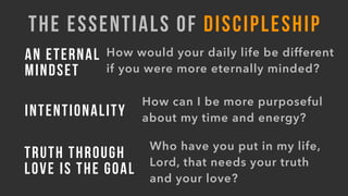 THE ESSENTIALS OF DISCIPLESHIP
AN ETERNAL
MINDSET
INTENTIONALITY
TRUTH THROUGH
LOVE IS THE GOAL
How would your daily life be different
if you were more eternally minded?
How can I be more purposeful
about my time and energy?
Who have you put in my life,
Lord, that needs your truth
and your love?
 