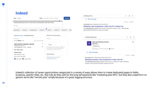 2828
Indeed
Indeed’s collection of career opportunities categorized in a variety of ways allows them to create dedicated pages to ﬁelds,
locations, speciﬁc titles, etc. Not only do they rank for the long tail keywords like “marketing jobs NYC,” but they also outperform on
generic terms like “remote jobs” simply because of a great tagging structure.
 