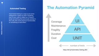 79
Automated Testing
ModernEnterpriseSEO
https://bit.ly/Automated_Testing_SEO
Automated testing is a way to put some
safeguards in place so that if anything
new in your code is rolled out, it doesn’t
break something that previously existed in
the code, like some previous functionality
or something to that effect.
 