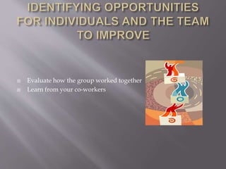  Evaluate how the group worked together
 Learn from your co-workers
 