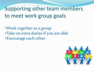Supporting other team members
to meet work group goals
•Work together as a group
•Take on extra duties if you are able
•Encourage each other
 
