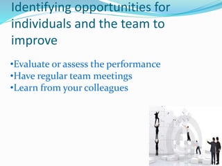 Identifying opportunities for
individuals and the team to
improve
•Evaluate or assess the performance
•Have regular team meetings
•Learn from your colleagues
 