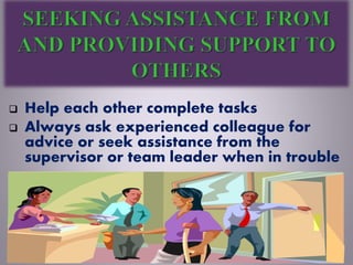  Help each other complete tasks
 Always ask experienced colleague for
advice or seek assistance from the
supervisor or team leader when in trouble
 a
 