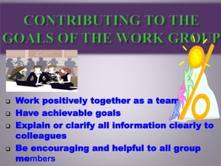  Work positively together as a team
 Have achievable goals
 Explain or clarify all information clearly to
colleagues
 Be encouraging and helpful to all group
members
 