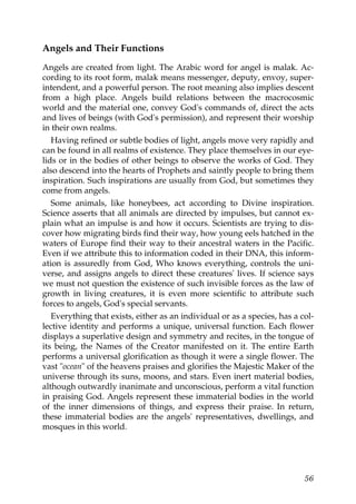 Angels and Their Functions
Angels are created from light. The Arabic word for angel is malak. Ac-
cording to its root form, malak means messenger, deputy, envoy, super-
intendent, and a powerful person. The root meaning also implies descent
from a high place. Angels build relations between the macrocosmic
world and the material one, convey God's commands of, direct the acts
and lives of beings (with God's permission), and represent their worship
in their own realms.
Having refined or subtle bodies of light, angels move very rapidly and
can be found in all realms of existence. They place themselves in our eye-
lids or in the bodies of other beings to observe the works of God. They
also descend into the hearts of Prophets and saintly people to bring them
inspiration. Such inspirations are usually from God, but sometimes they
come from angels.
Some animals, like honeybees, act according to Divine inspiration.
Science asserts that all animals are directed by impulses, but cannot ex-
plain what an impulse is and how it occurs. Scientists are trying to dis-
cover how migrating birds find their way, how young eels hatched in the
waters of Europe find their way to their ancestral waters in the Pacific.
Even if we attribute this to information coded in their DNA, this inform-
ation is assuredly from God, Who knows everything, controls the uni-
verse, and assigns angels to direct these creatures' lives. If science says
we must not question the existence of such invisible forces as the law of
growth in living creatures, it is even more scientific to attribute such
forces to angels, God's special servants.
Everything that exists, either as an individual or as a species, has a col-
lective identity and performs a unique, universal function. Each flower
displays a superlative design and symmetry and recites, in the tongue of
its being, the Names of the Creator manifested on it. The entire Earth
performs a universal glorification as though it were a single flower. The
vast "ocean" of the heavens praises and glorifies the Majestic Maker of the
universe through its suns, moons, and stars. Even inert material bodies,
although outwardly inanimate and unconscious, perform a vital function
in praising God. Angels represent these immaterial bodies in the world
of the inner dimensions of things, and express their praise. In return,
these immaterial bodies are the angels' representatives, dwellings, and
mosques in this world.
56
 