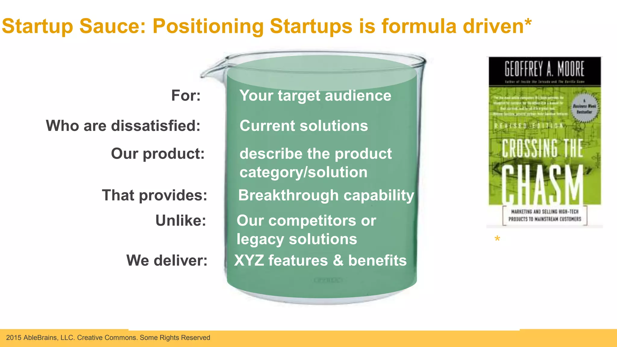 2015 AbleBrains, LLC. Creative Commons. Some Rights Reserved
Startup Sauce: Positioning Startups is formula driven*
For: Your target audience
Who are dissatisfied: Current solutions
Our product: describe the product
category/solution
That provides: Breakthrough capability
Unlike: Our competitors or
legacy solutions
We deliver: XYZ features & benefits
*
 