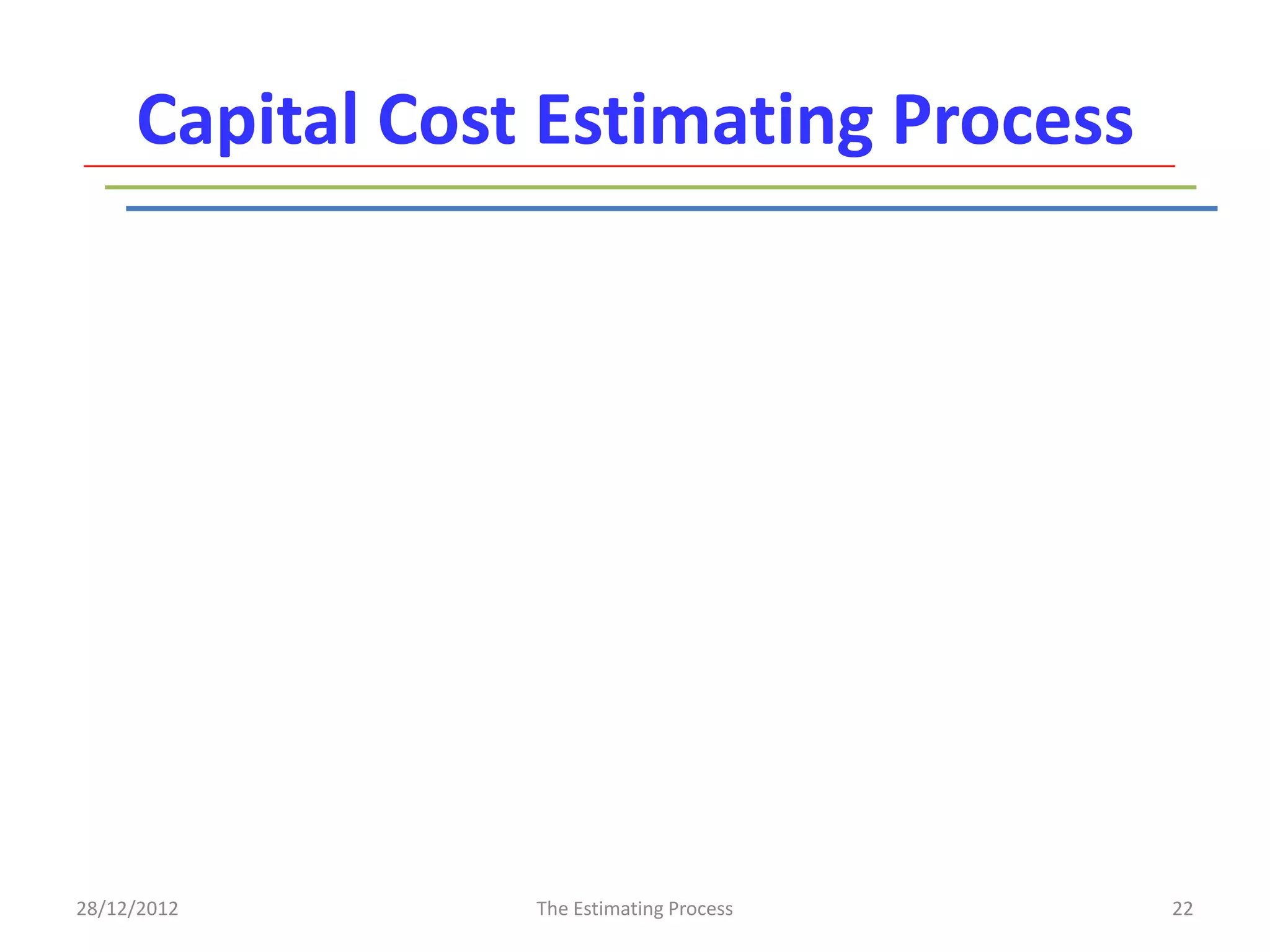 Capital Cost Estimating Process




28/12/2012       The Estimating Process   22
 
