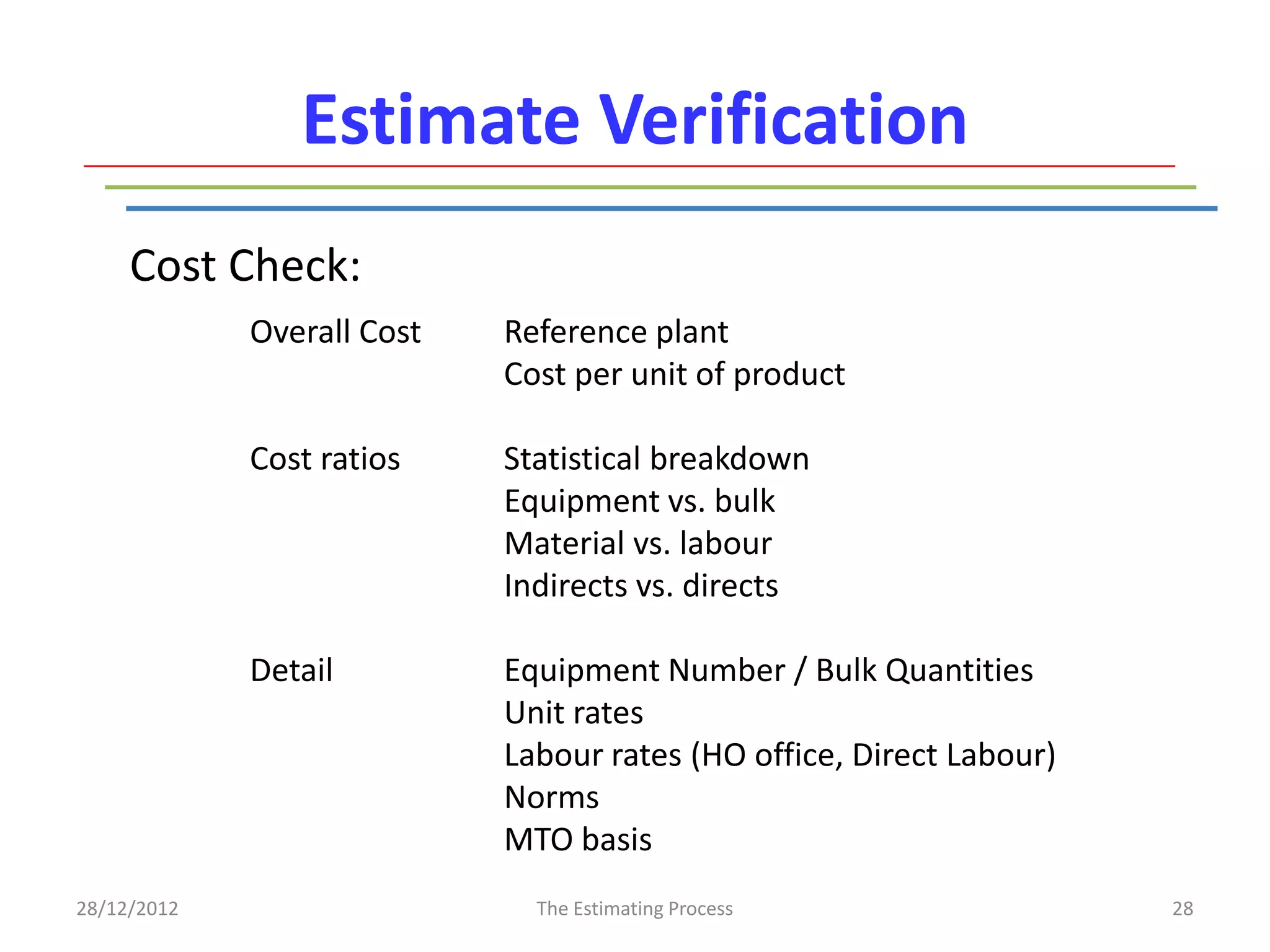 Estimate Verification
     Cost Check:
             Overall Cost   Reference plant
                            Cost per unit of product

             Cost ratios    Statistical breakdown
                            Equipment vs. bulk
                            Material vs. labour
                            Indirects vs. directs

             Detail         Equipment Number / Bulk Quantities
                            Unit rates
                            Labour rates (HO office, Direct Labour)
                            Norms
                            MTO basis
28/12/2012                    The Estimating Process                  28
 