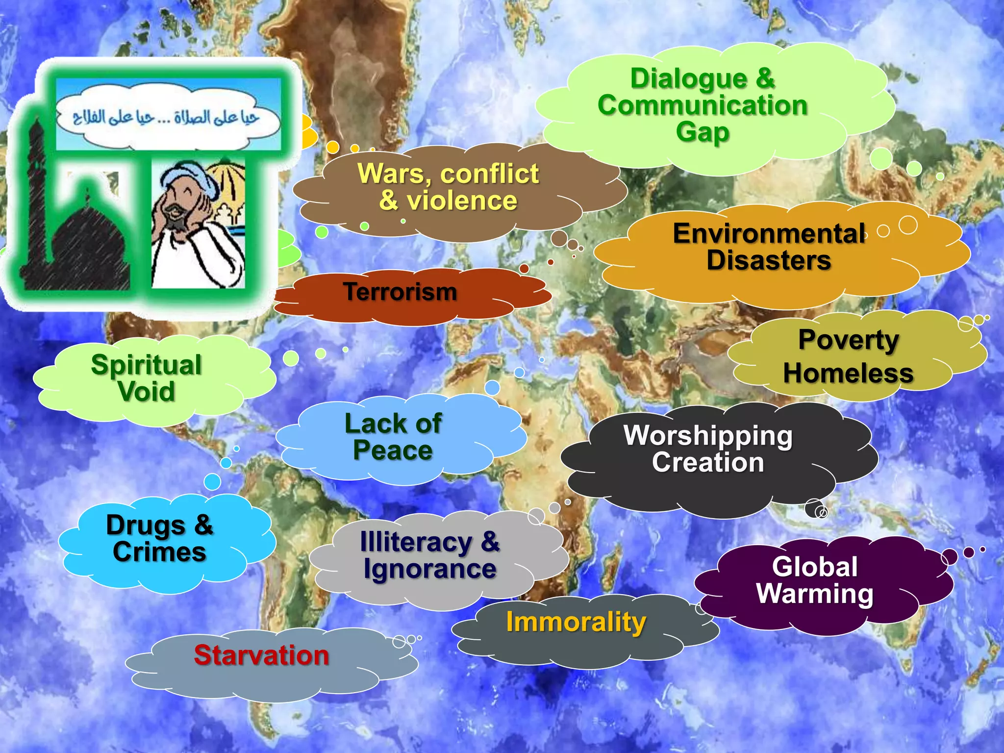 Poverty
Homeless
Illiteracy &
Ignorance
Lack of
Peace
Racism
Wars, conflict
& violence
Drugs &
Crimes
Spiritual
Void
Environmental
Disasters
Pollution
Worshipping
Creation
Dialogue &
Communication
Gap
Immorality
Terrorism
Starvation
Global
Warming
 