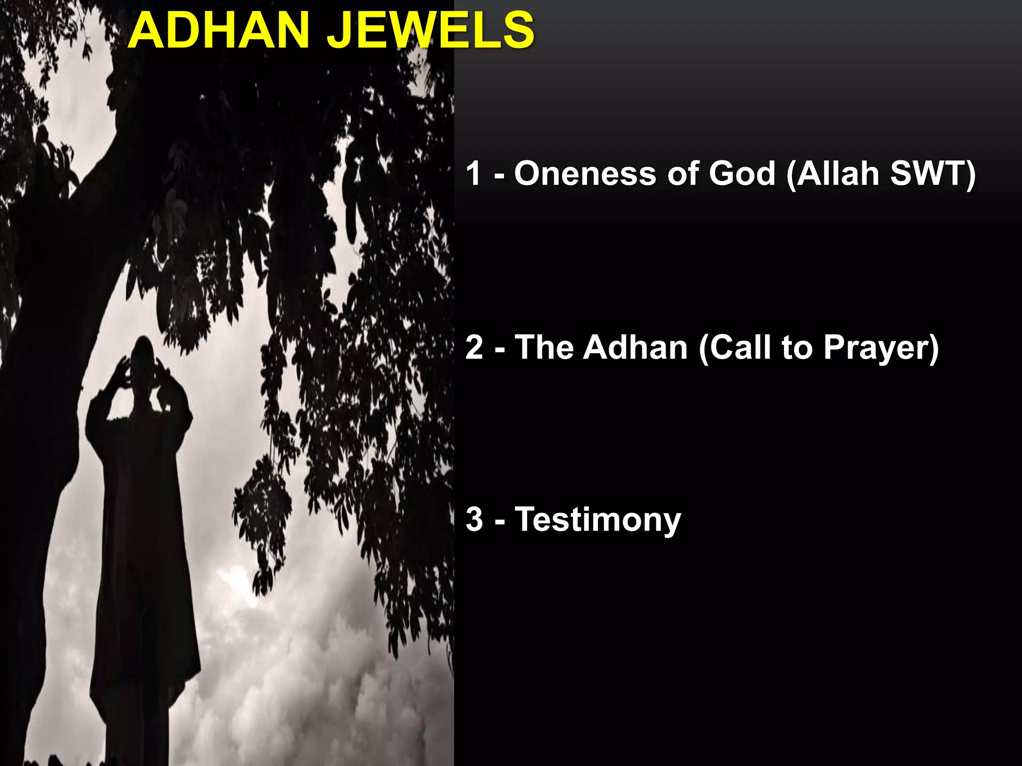 1 - Oneness of God (Allah SWT)
ADHAN JEWELS
2 - The Adhan (Call to Prayer)
3 - Testimony
 