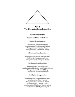 Part 4:
The Contents of Amalgamation
Initiating Amalgamation
General Guidelines for the Work
Biological Amalgamation
Amalgamation of Economics Project
Amalgamation of Environmental Projects
Amalgamation of Securities Project
Amalgamation of Departments Project
Metaphysical Amalgamation
Amalgamation of Purpose and Plan Project
World Needs Amalgamation System
Amalgamation of Metaphysics Project
Psychological Amalgamation
Amalgamation of Education Project
Amalgamation of Technology and Genetics Project
Amalgamation of Decision Making
Amalgamation of Translation Project
Sociological Amalgamation
Amalgamation of Communications Project
Amalgamation of Laws Project
Amalgamation of Employment Project
Amalgamation of Transport Project
Amalgamation of the United Nations Project
Amalgamation of All Systems Project
 