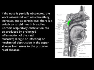 if the nose is partially obstructed, the
work associated with nasal breathing
increases, and at certain level there is a
switch to partial mouth breathing	

Chronic respiratory obstruction can
be produced by prolonged
inﬂammation of the nasal
mucosav( allergie or infection) or
mechanical obstruction in the upper
airways from nares to the posterior
nasal choanae.
 