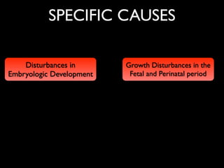 SPECIFIC CAUSES
Disturbances in
Embryologic Development
Growth Disturbances in the
Fetal and Perinatal period
 
