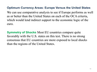 We can use comparative analysis to see if Europe performs as well
as or better than the United States on each of the OCA criteria,
which would lend indirect support to the economic logic of the
euro.
Symmetry of Shocks Most EU countries compare quite
favorably with the U.S. states on this test. There is no strong
consensus that EU countries are more exposed to local shocks
than the regions of the United States.
16
Optimum Currency Areas: Europe Versus the United States
 