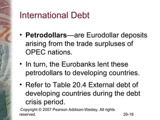 Copyright © 2007 Pearson Addison-Wesley. All rights
reserved. 20-18
International Debt
• Petrodollars—are Eurodollar deposits
arising from the trade surpluses of
OPEC nations.
• In turn, the Eurobanks lent these
petrodollars to developing countries.
• Refer to Table 20.4 External debt of
developing countries during the debt
crisis period.
 