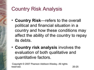 Copyright © 2007 Pearson Addison-Wesley. All rights
reserved. 20-25
Country Risk Analysis
• Country Risk—refers to the overall
political and financial situation in a
country and how these conditions may
affect the ability of the country to repay
its debts.
• Country risk analysis involves the
evaluation of both qualitative and
quantitative factors.
 