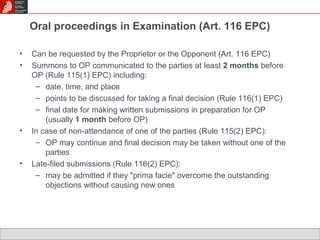 Oral proceedings in Examination (Art. 116 EPC) 
• Can be requested by the Proprietor or the Opponent (Art. 116 EPC) 
• Summons to OP communicated to the parties at least 2 months before 
OP (Rule 115(1) EPC) including: 
– date, time, and place 
– points to be discussed for taking a final decision (Rule 116(1) EPC) 
– final date for making written submissions in preparation for OP 
(usually 1 month before OP) 
• In case of non-attendance of one of the parties (Rule 115(2) EPC): 
– OP may continue and final decision may be taken without one of the 
parties 
• Late-filed submissions (Rule 116(2) EPC): 
– may be admitted if they "prima facie" overcome the outstanding 
objections without causing new ones 
 