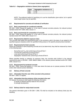 “The European Guidelines for Self Compacting Concrete”
Table A.4 ─ -Segregation resistance classes (sieve segregation)
Class Segregation resistance in %
SR1 ≤ 20
SR2 ≤ 15
NOTE. The preferred method of specifying is to use the classification given above, but in special
cases target values may be specified.
A.5 Requirements for concrete and methods of verification
A.5.1 Basic requirements for constituent materials
EN 206-1: 2000, Clause 5.1 applies or, in the case of precast concrete products, the relevant product
standard and/or EN 13369: 2004, Clause 4.1.
A.5.2 Basic requirements for composition of concrete
EN 206-1: 2000, clause 5.2 applies or, in the case of precast concrete products, the relevant product
standard and/or EN 13369: 2004, Clause 4.2.1.
A.5.3 Requirements related to exposure class
The concrete shall satisfy the requirements given in the provisions valid in the place of use related to the
specified exposure class(es) and/or the specified limiting values or the specific precast product standard.
A.5.4 Requirements for fresh concrete
Where the properties of self-compacting concrete are to be determined, they shall be measured by means
of the following tests:
- Slump-flow and T500 test conforming to Annex B Part 1
- V-funnel test conforming to Annex B Part 2
- L-box test conforming to Annex B Part 3
- Segregation resistance test conforming to Annex B Part 4
Where specified directly or indirectly via exposure class, the concrete shall conform to the relevant
requirements given in EN 206-1: 2000, 5.4.2 to 5.4.4. or the relevant product standard and/or EN 13369:
2004, Clause 4.2.2.
A.5.5 Requirements for hardened concrete
EN 206-1: 2000, Clause 5.5 applies or, in the case where the tests are on precast products, EN 13369
and/or other relevant product standards.
A.6 Delivery of fresh concrete
A.6.1 Information from the user of the concrete to the producer
EN 206-1: 2000, 7.1 applies.
A.6.2 Information from the producer of the concrete to the user
On request, the producer shall supply the following information:
a) results of relevant previous tests for the concrete;
b) strength development.
A.6.3 Delivery ticket for ready-mixed concrete
The general information given in EN 206-1: 2000, 7.3 shall be included on the delivery ticket plus the
following:
SCC 028 45
 