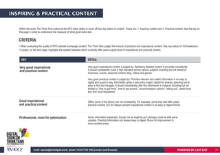 INSPIRING & PRACTICAL CONTENT
Within the audit, The Think Tank looked at the NTO sites’ ability to cover off 'two key pillars of content. These are: 1. Inspiring content and 2. Practical content. See the key on
this page in order to understand the measure of 'what good looks like'.
KEY DETAIL
Very good inspirational
and practical content
Good inspirational
and practical content
Professional, room for optimisation
Very good inspirational content is judged by: Satisfying detailed content is provided consistently.
It should consistently cover a high standard across various subjects including but not limited to:
itineraries, events, seasonal content, blog, videos and games.
Very good practical content is judged by: Provides relevant and useful information in an easy to
digest and succinct way. Information gives a user extra insight, helpful for itinerary planning and is
easy to find and navigate. It should consistently offer this information in subjects including but not
limited to: 'how to get there', 'how to get around’, 'accommodation options', 'eating out', 'useful local
tips' and 'local regulations'.
CRITERIA
• When evaluating the quality of NTO website homepage content, The Think Tank judged the mixture of practical and inspirational content. See key below for full breakdown.
• A graph, on the next page, highlights the audited websites which currently offer users a good level of inspirational and practical content.
Offers some of the above, but not consistently. For example, some may well offer useful
practical content, but not always present inspirational content in an easy to digest format.
Some information presented, though not as inspiring as it perhaps could be with some
updates. Practical information not always easy to digest. Room for improvement in
some audited areas.
POWERED BY LAST EXITemail: reports@thinkdigital.travel phone +44 20 7193 1003 (London and Brussels) 14
 