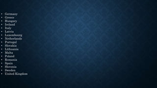 • Germany
• Greece
• Hungary
• Ireland
• Italy
• Latvia
• Luxembourg
• Netherlands
• Portugal
• Slovakia
• Lithuania
• Malta
• Poland
• Romania
• Spain
• Slovenia
• Sweden
• United Kingdom
 