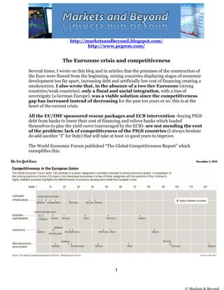 http://marketsandbeyond.blogspot.com/
                              http://www.pcgwm.com/


                  The Eurozone crisis and competitiveness
Several times, I wrote on this blog and in articles that the premises of the construction of
the Euro were flawed from the beginning, mixing countries displaying stages of economic
development too far apart, increasing debt and artificially low cost of financing creating a
smokescreen. I also wrote that, in the absence of a two tier Eurozone (strong
countries/weak countries), only a fiscal and social integration, with a loss of
sovereignty (a German Europe), was a viable solution since the competitiveness
gap has increased instead of decreasing for the past ten years or so: this is at the
heart of the current crisis.

All the EU/IMF sponsored rescue packages and ECB intervention -buying PIGS
debt from banks to lower their cost of financing and relieve banks which loaded
themselves to play the yield curve (encouraged by the ECB)- are not mending the root
of the problem: lack of competitiveness of the PIGS countries (I always hesitate
do add another “I” for Italy) that will take at least 10 good years to improve.

The World Economic Forum published “The Global Competitiveness Report” which
exemplifies this:




                                              1


                                                                                   © Markets & Beyond
 