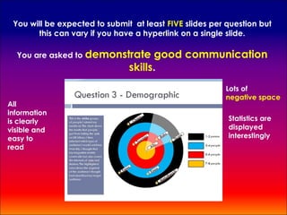 You will be expected to submit at least FIVE slides per question but
       this can vary if you have a hyperlink on a single slide.

  You are asked to demonstrate       good communication
                               skills.
                                                        Lots of
                                                        negative space
All
information
is clearly                                               Statistics are
visible and                                              displayed
easy to                                                  interestingly
read
 