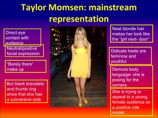 Taylor Momsen: mainstream
               representation
                           Neat blonde hair
Direct eye                 makes her look like
contact with               the “girl next- door”
audience
 Neutral/positive
                           Delicate heels are
 facial expression
                           feminine and
                           youthful
“Barely there”
make up                    Demure body
                           language- she is
                           posing for the
But black bracelets        camera
and thumb ring
                           She is trying to
show that she has
                           appeal to a young,
a subversive side
                           female audience as
                           a positive role
                           model
 