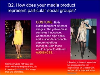 Q2. How does your media product
  represent particular social groups?

                                 COSTUME: Both
                                 outfits represent different
                                 images. The yellow dress
                                 connotes innocence,
                                 whereas the high heels
                                 and suspenders connote
                                 a more rebellious
                                 teenager. Both these
                                 would appeal to different
                                 AUDIENCES.


                                                               Likewise, this outfit would not
Momsen would not wear this
                                                               be appropriate for her
outfit while fronting her band, as
                                                               appearance on Gossip Girl,
it does not represent the image
                                                               as it would not appeal to the
that she promotes.
                                                               audience.
 