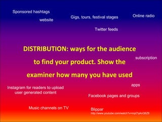 Sponsored hashtags
                                  Gigs, tours, festival stages             Online radio
                 website

                                                Twitter feeds




        DISTRIBUTION: ways for the audience
                                                                            subscription
              to find your product. Show the
          examiner how many you have used
                                                                          apps
Instagram for readers to upload
    user generated content
                                            Facebook pages and groups


           Music channels on TV              Blippar
                                             http://www.youtube.com/watch?v=mpt7qAnQ6Z8
 