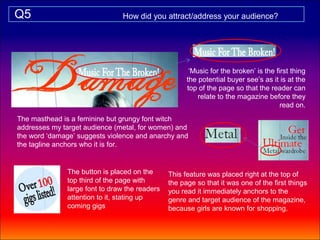 Q5                              How did you attract/address your audience?




                                                       ‘Music for the broken’ is the first thing
                                                      the potential buyer see’s as it is at the
                                                      top of the page so that the reader can
                                                          relate to the magazine before they
                                                                                       read on.
The masthead is a feminine but grungy font witch
addresses my target audience (metal, for women) and
the word ‘damage’ suggests violence and anarchy and
the tagline anchors who it is for.


               The button is placed on the      This feature was placed right at the top of
               top third of the page with       the page so that it was one of the first things
               large font to draw the readers   you read it immediately anchors to the
               attention to it, stating up      genre and target audience of the magazine,
               coming gigs                      because girls are known for shopping.
 