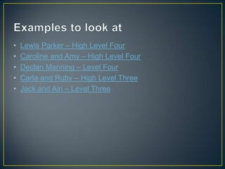 •
•
•
•
•

Lewis Parker – High Level Four
Caroline and Amy – High Level Four
Declan Manning – Level Four
Carla and Ruby – High Level Three
Jack and Airi – Level Three

 
