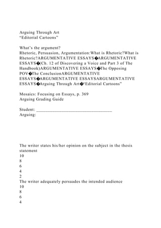 Arguing Through Art
“Editorial Cartoons”
What’s the argument?
Rhetoric, Persuasion, Argumentation:What is Rhetoric?What is
Rhetoric?ARGUMENTATIVE ESSAYS�ARGUMENTATIVE
ESSAYS�(Ch. 12 of Discovering a Voice and Part 3 of The
Handbook)ARGUMENTATIVE ESSAYS�The Opposing
POV�The ConclusionARGUMENTATIVE
ESSAYS�ARGUMENTATIVE ESSAYSARGUMENTATIVE
ESSAYS�Arguing Through Art�“Editorial Cartoons”
Mosaics: Focusing on Essays, p. 369
Arguing Grading Guide
Student: _________________________________
Arguing:
The writer states his/her opinion on the subject in the thesis
statement
10
8
6
4
2
The writer adequately persuades the intended audience
10
8
6
4
 