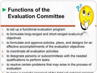 ►Functions of the
Evaluation Committee
1. to set up a functional evaluation program
2. to formulate long-ranged and short-ranged evaluation
objectives
3. to formulate and approve policies, plans, and designs for an
effective accomplishments of the evaluation objectives
4. to coordinate all evaluation activities
5. to designate persons or subcommittees with the needed
qualifications to perform tasks
6. to resolve certain problems that may arise in the process of
evaluation
 