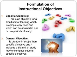 Formulation of
Instructional Objectives
1. Specific Objective:
This is an objective for a
small unit of learning which
is complete by itself and
which can be attained in one
or two periods of study.
2. General Objective:
Is broader in scope than
specific objective and it
includes a big unit of study
may encompass several
specific objectives.
 