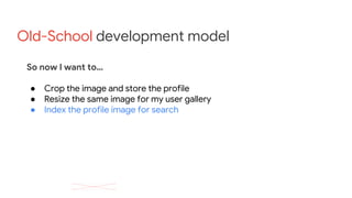 Old-School development model
So now I want to…
● Crop the image and store the profile
● Resize the same image for my user gallery
● Index the profile image for search
 
