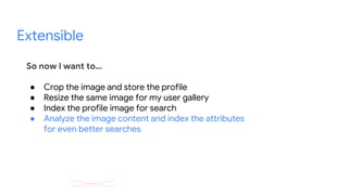 Extensible
So now I want to…
● Crop the image and store the profile
● Resize the same image for my user gallery
● Index the profile image for search
● Analyze the image content and index the attributes
for even better searches
 