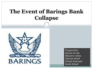 The Event of Barings Bank
Collapse
Prepared by:
Qurrat-ul-Ain
Maseel-e-zehra
Nimrah sharif
Ghosia Faaroqui
Sarah Zubair
 