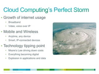 • Growth of internet usage
      • Broadband
      • Video, voice over IP

• Mobile and Wireless
      • Anytime, any device
      • Smart, IP-connected devices

• Technology tipping point
      • Moore’s Law driving down costs
      • Everything becoming digital
      • Explosion in applications and data




 © 2010 Cisco and/or its affiliates. All rights reserved.   2
 