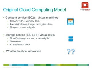 • Compute service (EC2): virtual machines
                                                           App Svr
            • Specify vCPU, Memory, Disk                     OS

            • Launch instance (image, mem_size, disk)        VM


            • Suspend, clone, migrate


• Storage service (S3, EBS): virtual disks
            • Specify storage amount, access rights
            • Store object
            • Create/attach block

• What to do about networks?




© 2010 Cisco and/or its affiliates. All rights reserved.             22
 