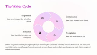 The Water Cycle
Water is everywhere, constantly moving through a cycle powered by the sun's heat. It evaporates from seas, forms clouds, falls as rain, and
may trickle into the ground far away. This continuous cycle connects all water bodies on Earth and plays a crucial role in shaping our planet's
climate and ecosystems.
Evaporation
Water turns into vapor due to heat from
the sun
Condensation
Water vapor cools and forms clouds
Precipitation
Water falls as rain, snow, or hail
Collection
Water flows into rivers, lakes, and
underground
 