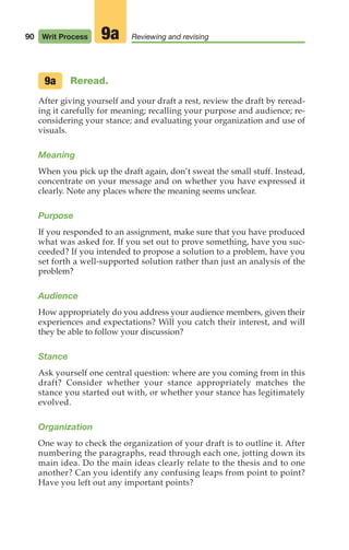 90 Writ Process Reviewing and revising
9a
Reread.
After giving yourself and your draft a rest, review the draft by reread-
ing it carefully for meaning; recalling your purpose and audience; re-
considering your stance; and evaluating your organization and use of
visuals.
Meaning
When you pick up the draft again, don’t sweat the small stuff. Instead,
concentrate on your message and on whether you have expressed it
clearly. Note any places where the meaning seems unclear.
Purpose
If you responded to an assignment, make sure that you have produced
what was asked for. If you set out to prove something, have you suc-
ceeded? If you intended to propose a solution to a problem, have you
set forth a well-supported solution rather than just an analysis of the
problem?
Audience
How appropriately do you address your audience members, given their
experiences and expectations? Will you catch their interest, and will
they be able to follow your discussion?
Stance
Ask yourself one central question: where are you coming from in this
draft? Consider whether your stance appropriately matches the
stance you started out with, or whether your stance has legitimately
evolved.
Organization
One way to check the organization of your draft is to outline it. After
numbering the paragraphs, read through each one, jotting down its
main idea. Do the main ideas clearly relate to the thesis and to one
another? Can you identify any confusing leaps from point to point?
Have you left out any important points?
9a
04_LUN_66490_Pt02_(045-112)_04_LUN_66490_Pt02_(045-112).qxd 11/30/11 2:09 PM Page 90
 