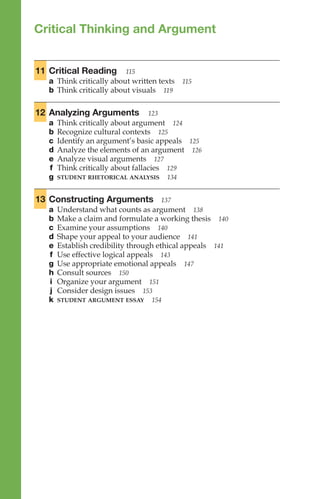 11 Critical Reading 115
a Think critically about written texts 115
b Think critically about visuals 119
12 Analyzing Arguments 123
a Think critically about argument 124
b Recognize cultural contexts 125
c Identify an argument’s basic appeals 125
d Analyze the elements of an argument 126
e Analyze visual arguments 127
f Think critically about fallacies 129
g STUDENT RHETORICAL ANALYSIS 134
13 Constructing Arguments 137
a Understand what counts as argument 138
b Make a claim and formulate a working thesis 140
c Examine your assumptions 140
d Shape your appeal to your audience 141
e Establish credibility through ethical appeals 141
f Use effective logical appeals 143
g Use appropriate emotional appeals 147
h Consult sources 150
i Organize your argument 151
j Consider design issues 153
k STUDENT ARGUMENT ESSAY 154
Critical Thinking and Argument
Critical
Thinking
and
Argument
113–160
 