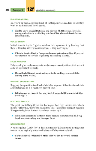 130 Argument Analyzing arguments
12f
IN-CROWD APPEAL
In-crowd appeal, a special kind of flattery, invites readers to identify
with an admired and select group.
䊳 Want to know a secret that more and more of Middletown’s successful
young professionals are finding out about? It’s Mountainbrook Manor
condominiums.
VEILED THREAT
Veiled threats try to frighten readers into agreement by hinting that
they will suffer adverse consequences if they don’t agree.
䊳 If Public Service Electric Company does not get an immediate 15 percent
rate increase, its services to you may be seriously affected.
FALSE ANALOGY
False analogies make comparisons between two situations that are not
alike in important respects.
䊳 The volleyball team’s sudden descent in the rankings resembled the
sinking of the Titanic.
BEGGING THE QUESTION
Begging the question is a kind of circular argument that treats a debat-
able statement as if it had been proved true.
䊳 Television news covered that story well; I learned all I know about it by
watching TV.
POST HOC FALLACY
The post hoc fallacy (from the Latin post hoc, ergo propter hoc, which
means “after this, therefore caused by this”) assumes that just because
B happened after A, it must have been caused by A.
䊳 We should not rebuild the town docks because every time we do, a big
hurricane comes along and damages them.
NON SEQUITUR
A non sequitur (Latin for “it does not follow”) attempts to tie together
two or more logically unrelated ideas as if they were related.
䊳 If we can send a spaceship to Mars, then we can discover a cure for
cancer.
06_LUN_66490_Pt03_(115-160)_06_LUN_66490_Pt03_(115-160).qxd 11/30/11 2:16 PM Page 130
 