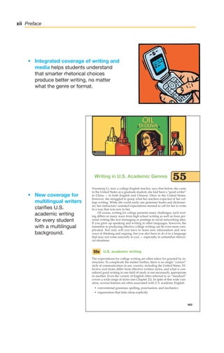 • Integrated coverage of writing and
media helps students understand
that smarter rhetorical choices
produce better writing, no matter
what the genre or format.
xii Preface
• New coverage for
multilingual writers
clarifies U.S.
academic writing
for every student
with a multilingual
background.
493
Xiaoming Li, now a college English teacher, says that before she came
to the United States as a graduate student, she had been a “good writer”
in China — in both English and Chinese. Once in the United States,
however, she struggled to grasp what her teachers expected of her col-
lege writing. While she could easily use grammar books and dictionar-
ies, her instructors’ unstated expectations seemed to call for her to write
in a way that was new to her.
Of course, writing for college presents many challenges; such writ-
ing differs in many ways from high school writing as well as from per-
sonal writing like text messaging or postings to social networking sites.
If you grew up speaking and writing in other languages, however, the
transition to producing effective college writing can be even more com-
plicated. Not only will you have to learn new information and new
ways of thinking and arguing, but you also have to do it in a language
that may not come naturally to you — especially in unfamiliar rhetori-
cal situations.
U.S. academic writing
The expectations for college writing are often taken for granted by in-
structors. To complicate the matter further, there is no single “correct”
style of communication in any country, including the United States. Ef-
fective oral styles differ from effective written styles, and what is con-
sidered good writing in one field of study is not necessarily appropriate
in another. Even the variety of English often referred to as “standard”
covers a wide range of styles (see Chapter 21). In spite of this wide vari-
ation, several features are often associated with U.S. academic English:
• conventional grammar, spelling, punctuation, and mechanics
• organization that links ideas explicitly
55a
Writing in U.S. Academic Genres 55
00_LUN_66490_FM_(i-xx)_00_LUN_66490_FM_i-xx.qxd 11/30/11 1:54 PM Page xii
 