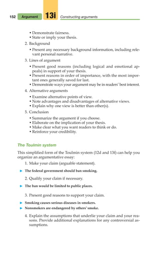 152
• Demonstrate fairness.
• State or imply your thesis.
2. Background
• Present any necessary background information, including rele-
vant personal narrative.
3. Lines of argument
• Present good reasons (including logical and emotional ap-
peals) in support of your thesis.
• Present reasons in order of importance, with the most impor-
tant ones generally saved for last.
• Demonstrate ways your argument may be in readers’ best interest.
4. Alternative arguments
• Examine alternative points of view.
• Note advantages and disadvantages of alternative views.
• Explain why one view is better than other(s).
5. Conclusion
• Summarize the argument if you choose.
• Elaborate on the implication of your thesis.
• Make clear what you want readers to think or do.
• Reinforce your credibility.
The Toulmin system
This simplified form of the Toulmin system (12d and 13f) can help you
organize an argumentative essay:
1. Make your claim (arguable statement).
䊳 The federal government should ban smoking.
2. Qualify your claim if necessary.
䊳 The ban would be limited to public places.
3. Present good reasons to support your claim.
䊳 Smoking causes serious diseases in smokers.
䊳 Nonsmokers are endangered by others’ smoke.
4. Explain the assumptions that underlie your claim and your rea-
sons. Provide additional explanations for any controversial as-
sumptions.
Argument Constructing arguments
13i
06_LUN_66490_Pt03_(115-160)_06_LUN_66490_Pt03_(115-160).qxd 11/30/11 2:16 PM Page 152
 