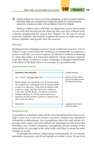 195
Take notes, and annotate your sources Research
16f
Indicate whether the note is a summary, paraphrase, or direct quotation (see the
following). Make sure quotations are copied accurately. Put square brackets
around any change you make, and use ellipses if you omit material.
Taking complete notes will help you digest the source information
as you read and incorporate the material into your text without inad-
vertently plagiarizing the source (see Chapter 17). Be sure to reread
each note carefully, and recheck it against the source to make sure quo-
tations, statistics, and specific facts are accurate.
Quoting
Quoting involves bringing a source’s exact words into your text. Use an
author’s exact words when the wording is so memorable or expresses a
point so well that you cannot improve or shorten it without weakening
it, when the author is a respected authority whose opinion supports
your own ideas, or when an author challenges or disagrees profoundly
with others in the field. Here is an example of a quotation note:
QUOTATION-STYLE NOTE
Comments from educators
Lee, “I Think,” NY Times (Web site)
Melanie Weaver was stunned by some of the term papers
she received from a 10th-grade class she recently taught
as part of an internship. “They would be trying to make
a point in a paper, [so] they would put a smiley face
in the end,” said Ms. Weaver, who teaches at Alvernia
College in Reading, Pa. “If they were presenting an
argument and they needed to present an opposite view,
they would put a frown.”
(Quotation) Indication that note is
direct quotation
Author and short title of
source (no page number
for electronic source)
Subject heading
Paraphrasing
A paraphrase accurately states all the relevant information from a pas-
sage in your own words and sentence structures, without any additional
comments or elaborations. Use a paraphrase when the main points of a
passage, their order, and some details are important but the particular
wording is not. Unlike a summary, a paraphrase always restates all the
main points of a passage in the same order and often in about the same
number of words.
To paraphrase without plagiarizing inadvertently, do not simply
substitute synonyms, and do not imitate an author’s style. If you wish
4
08_LUN_66490_Pt04_(163-214)_08_LUN_66490_Pt04_(163-214).qxd 11/30/11 2:19 PM Page 195
 