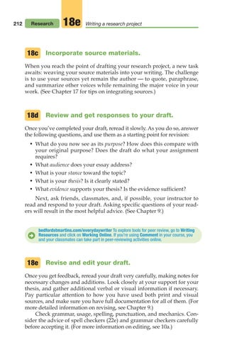 Incorporate source materials.
When you reach the point of drafting your research project, a new task
awaits: weaving your source materials into your writing. The challenge
is to use your sources yet remain the author — to quote, paraphrase,
and summarize other voices while remaining the major voice in your
work. (See Chapter 17 for tips on integrating sources.)
Review and get responses to your draft.
Once you’ve completed your draft, reread it slowly. As you do so, answer
the following questions, and use them as a starting point for revision:
• What do you now see as its purpose? How does this compare with
your original purpose? Does the draft do what your assignment
requires?
• What audience does your essay address?
• What is your stance toward the topic?
• What is your thesis? Is it clearly stated?
• What evidence supports your thesis? Is the evidence sufficient?
Next, ask friends, classmates, and, if possible, your instructor to
read and respond to your draft. Asking specific questions of your read-
ers will result in the most helpful advice. (See Chapter 9.)
18d
18c
212 Research Writing a research project
18e
bedfordstmartins.com/everydaywriter To explore tools for peer review, go to Writing
Resources and click on Working Online. If you’re using Comment in your course, you
and your classmates can take part in peer-reviewing activities online.
D
Revise and edit your draft.
Once you get feedback, reread your draft very carefully, making notes for
necessary changes and additions. Look closely at your support for your
thesis, and gather additional verbal or visual information if necessary.
Pay particular attention to how you have used both print and visual
sources, and make sure you have full documentation for all of them. (For
more detailed information on revising, see Chapter 9.)
Check grammar, usage, spelling, punctuation, and mechanics. Con-
sider the advice of spell checkers (22e) and grammar checkers carefully
before accepting it. (For more information on editing, see 10a.)
18e
08_LUN_66490_Pt04_(163-214)_08_LUN_66490_Pt04_(163-214).qxd 11/30/11 2:19 PM Page 212
 
